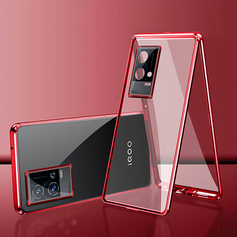 Coque Rebord Bumper Luxe Aluminum Metal Miroir 360 Degres Housse Etui Aimant pour Vivo iQOO 8 5G Rouge