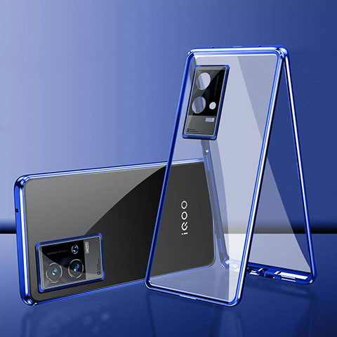 Coque Rebord Bumper Luxe Aluminum Metal Miroir 360 Degres Housse Etui Aimant pour Vivo iQOO 8 Pro 5G Bleu