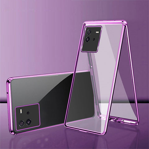 Coque Rebord Bumper Luxe Aluminum Metal Miroir 360 Degres Housse Etui Aimant pour Vivo iQOO Neo6 5G Violet