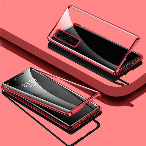 Coque Rebord Bumper Luxe Aluminum Metal Miroir 360 Degres Housse Etui Aimant pour Vivo iQOO U1 Rouge