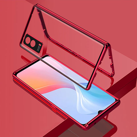 Coque Rebord Bumper Luxe Aluminum Metal Miroir 360 Degres Housse Etui Aimant pour Vivo iQOO Z5x 5G Rouge