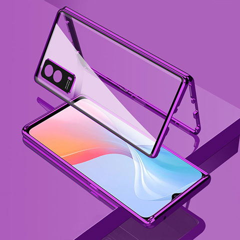 Coque Rebord Bumper Luxe Aluminum Metal Miroir 360 Degres Housse Etui Aimant pour Vivo iQOO Z5x 5G Violet