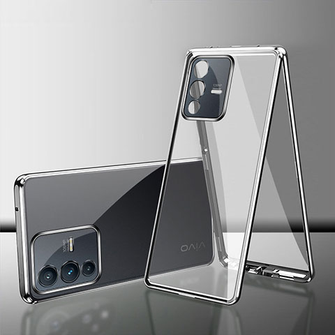 Coque Rebord Bumper Luxe Aluminum Metal Miroir 360 Degres Housse Etui Aimant pour Vivo V23 5G Argent