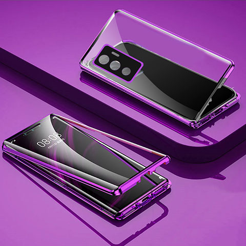 Coque Rebord Bumper Luxe Aluminum Metal Miroir 360 Degres Housse Etui Aimant pour Vivo V23e 5G Violet