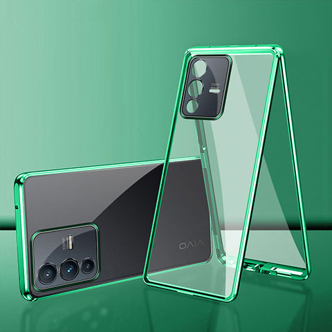 Coque Rebord Bumper Luxe Aluminum Metal Miroir 360 Degres Housse Etui Aimant pour Vivo V25 Pro 5G Vert