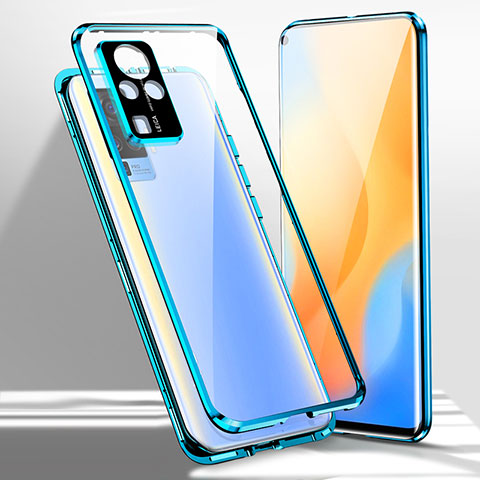 Coque Rebord Bumper Luxe Aluminum Metal Miroir 360 Degres Housse Etui Aimant pour Vivo X50 Pro 5G Bleu