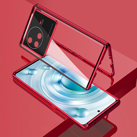 Coque Rebord Bumper Luxe Aluminum Metal Miroir 360 Degres Housse Etui Aimant pour Vivo X80 5G Rouge