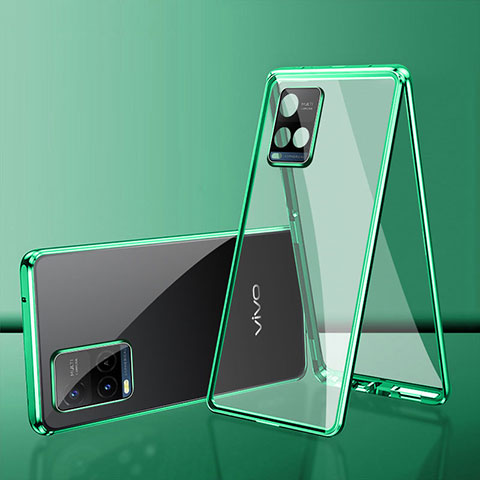 Coque Rebord Bumper Luxe Aluminum Metal Miroir 360 Degres Housse Etui Aimant pour Vivo Y21 Vert