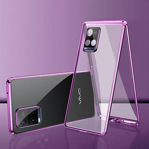 Coque Rebord Bumper Luxe Aluminum Metal Miroir 360 Degres Housse Etui Aimant pour Vivo Y21e Violet