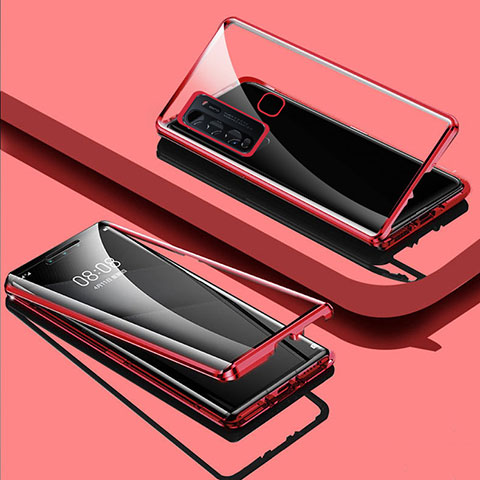 Coque Rebord Bumper Luxe Aluminum Metal Miroir 360 Degres Housse Etui Aimant pour Vivo Y50 Rouge