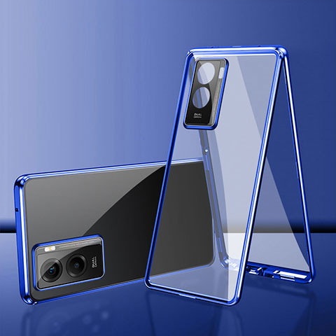 Coque Rebord Bumper Luxe Aluminum Metal Miroir 360 Degres Housse Etui Aimant pour Vivo Y53t 5G Bleu