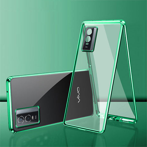 Coque Rebord Bumper Luxe Aluminum Metal Miroir 360 Degres Housse Etui Aimant pour Vivo Y76s 5G Vert