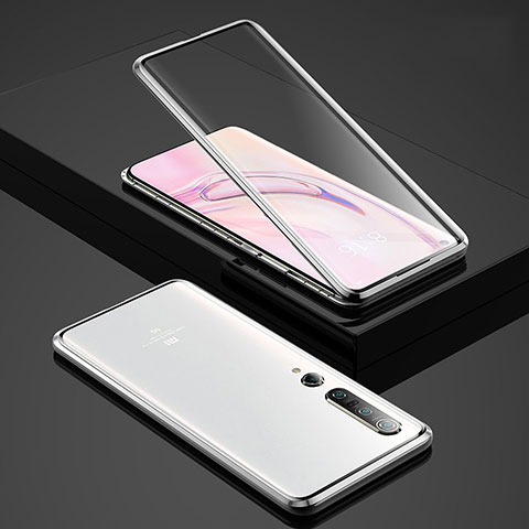 Coque Rebord Bumper Luxe Aluminum Metal Miroir 360 Degres Housse Etui Aimant pour Xiaomi Mi 10 Pro Argent