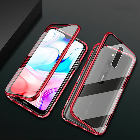 Coque Rebord Bumper Luxe Aluminum Metal Miroir 360 Degres Housse Etui Aimant pour Xiaomi Redmi 8 Rouge