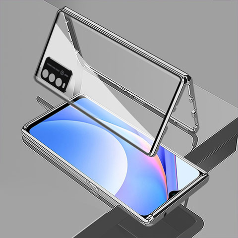 Coque Rebord Bumper Luxe Aluminum Metal Miroir 360 Degres Housse Etui Aimant pour Xiaomi Redmi 9 Power Argent