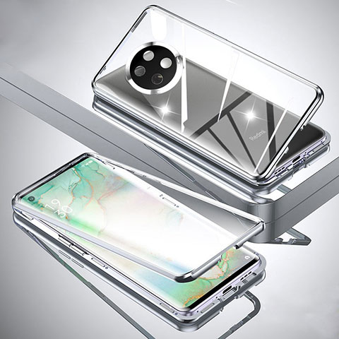 Coque Rebord Bumper Luxe Aluminum Metal Miroir 360 Degres Housse Etui Aimant pour Xiaomi Redmi Note 9 5G Argent