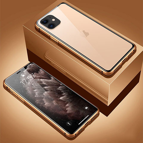 Coque Rebord Bumper Luxe Aluminum Metal Miroir 360 Degres Housse Etui Aimant T01 pour Apple iPhone 11 Or