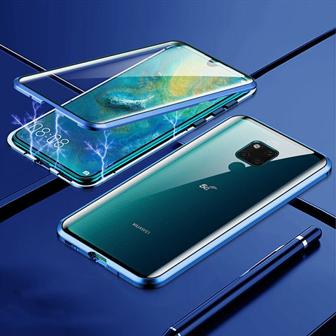 Coque Rebord Bumper Luxe Aluminum Metal Miroir 360 Degres Housse Etui Aimant T01 pour Huawei Mate 20 X 5G Bleu