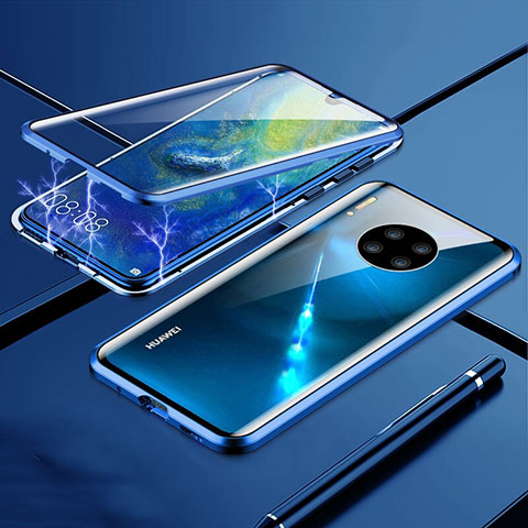 Coque Rebord Bumper Luxe Aluminum Metal Miroir 360 Degres Housse Etui Aimant T01 pour Huawei Mate 30 5G Bleu