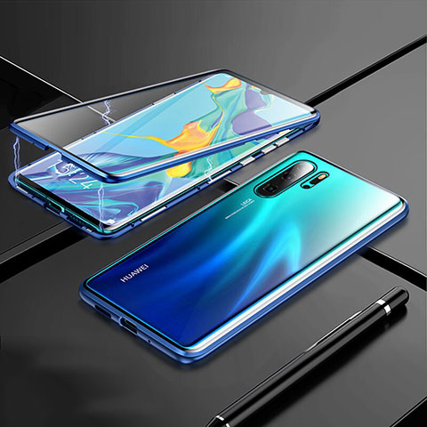 Coque Rebord Bumper Luxe Aluminum Metal Miroir 360 Degres Housse Etui Aimant T01 pour Huawei P30 Pro Bleu