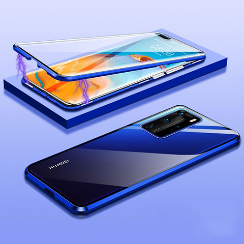 Coque Rebord Bumper Luxe Aluminum Metal Miroir 360 Degres Housse Etui Aimant T01 pour Huawei P40 Pro Bleu