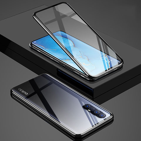 Coque Rebord Bumper Luxe Aluminum Metal Miroir 360 Degres Housse Etui Aimant T01 pour Oppo Reno3 Pro Noir