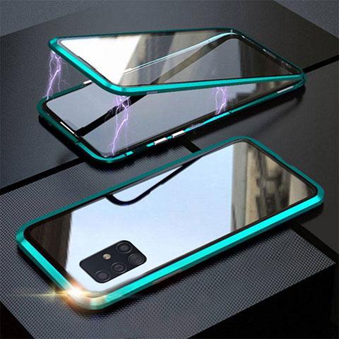 Coque Rebord Bumper Luxe Aluminum Metal Miroir 360 Degres Housse Etui Aimant T01 pour Samsung Galaxy A51 5G Cyan