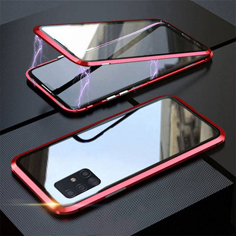 Coque Rebord Bumper Luxe Aluminum Metal Miroir 360 Degres Housse Etui Aimant T01 pour Samsung Galaxy A51 5G Rouge