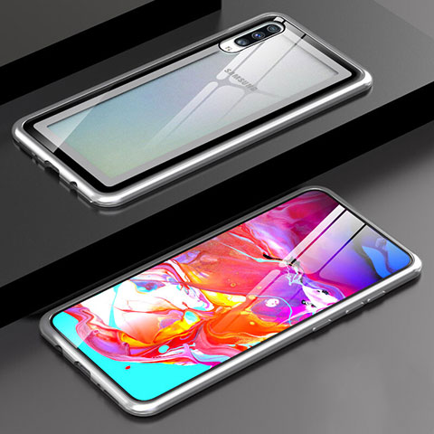 Coque Rebord Bumper Luxe Aluminum Metal Miroir 360 Degres Housse Etui Aimant T01 pour Samsung Galaxy A70 Argent