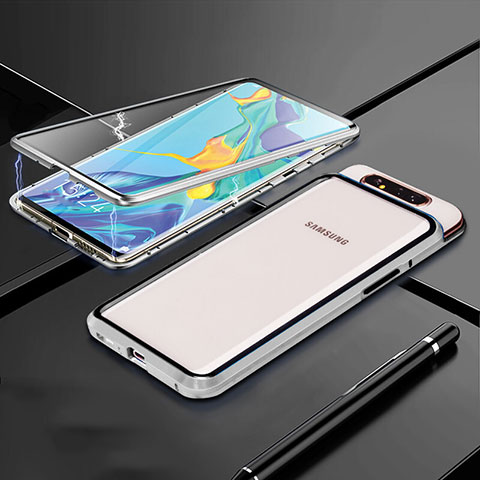 Coque Rebord Bumper Luxe Aluminum Metal Miroir 360 Degres Housse Etui Aimant T01 pour Samsung Galaxy A80 Argent