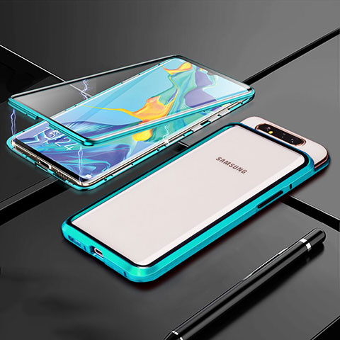 Coque Rebord Bumper Luxe Aluminum Metal Miroir 360 Degres Housse Etui Aimant T01 pour Samsung Galaxy A80 Cyan