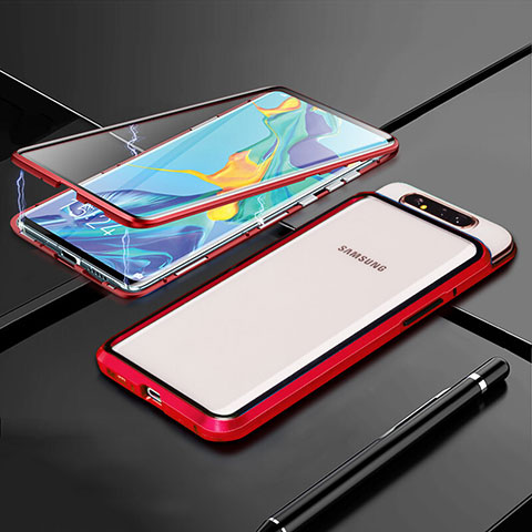 Coque Rebord Bumper Luxe Aluminum Metal Miroir 360 Degres Housse Etui Aimant T01 pour Samsung Galaxy A90 4G Rouge