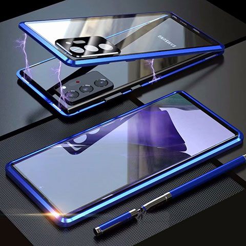 Coque Rebord Bumper Luxe Aluminum Metal Miroir 360 Degres Housse Etui Aimant T01 pour Samsung Galaxy Note 20 Ultra 5G Bleu