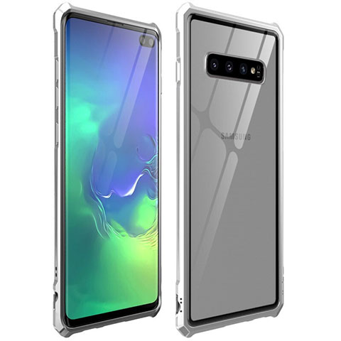 Coque Rebord Bumper Luxe Aluminum Metal Miroir 360 Degres Housse Etui Aimant T01 pour Samsung Galaxy S10 Plus Argent