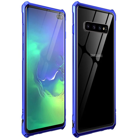 Coque Rebord Bumper Luxe Aluminum Metal Miroir 360 Degres Housse Etui Aimant T01 pour Samsung Galaxy S10 Plus Bleu