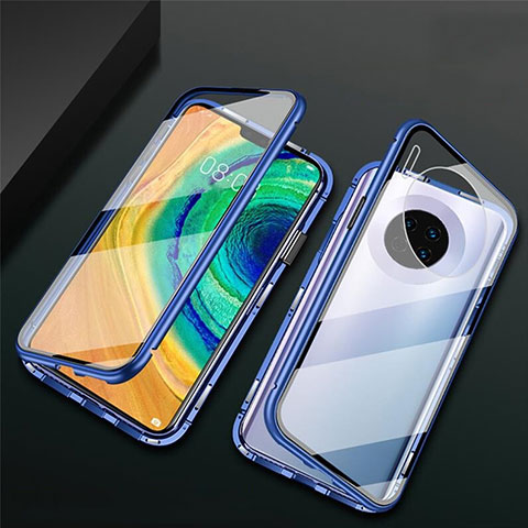 Coque Rebord Bumper Luxe Aluminum Metal Miroir 360 Degres Housse Etui Aimant T02 pour Huawei Mate 30 5G Bleu