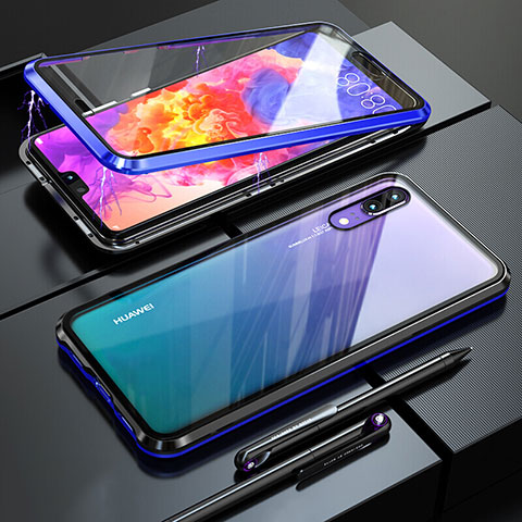 Coque Rebord Bumper Luxe Aluminum Metal Miroir 360 Degres Housse Etui Aimant T02 pour Huawei P20 Bleu