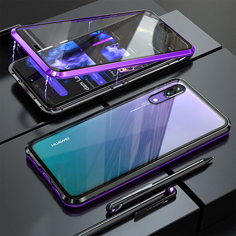 Coque Rebord Bumper Luxe Aluminum Metal Miroir 360 Degres Housse Etui Aimant T02 pour Huawei P20 Violet