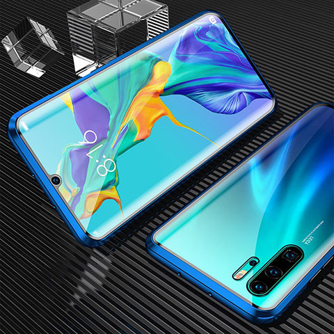 Coque Rebord Bumper Luxe Aluminum Metal Miroir 360 Degres Housse Etui Aimant T02 pour Huawei P30 Pro Bleu