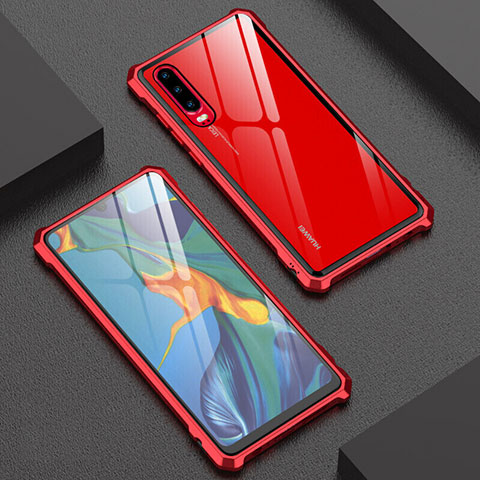 Coque Rebord Bumper Luxe Aluminum Metal Miroir 360 Degres Housse Etui Aimant T02 pour Huawei P30 Rouge