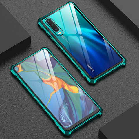 Coque Rebord Bumper Luxe Aluminum Metal Miroir 360 Degres Housse Etui Aimant T02 pour Huawei P30 Vert