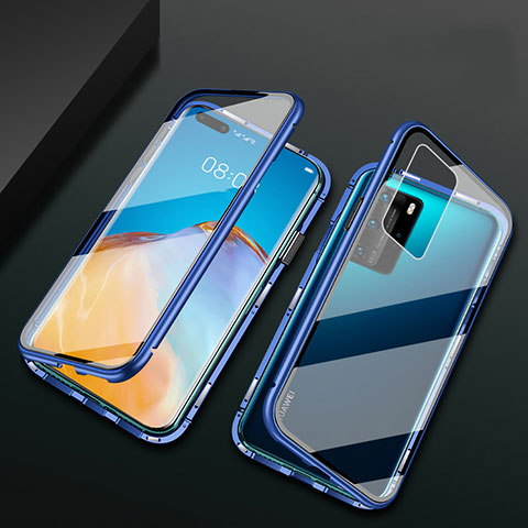 Coque Rebord Bumper Luxe Aluminum Metal Miroir 360 Degres Housse Etui Aimant T02 pour Huawei P40 Pro Bleu