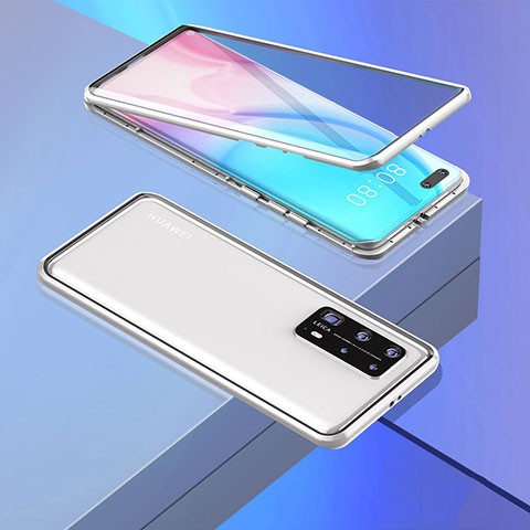 Coque Rebord Bumper Luxe Aluminum Metal Miroir 360 Degres Housse Etui Aimant T02 pour Huawei P40 Pro+ Plus Argent