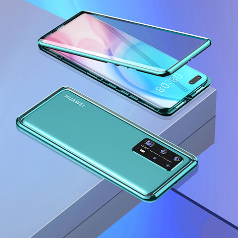 Coque Rebord Bumper Luxe Aluminum Metal Miroir 360 Degres Housse Etui Aimant T02 pour Huawei P40 Pro+ Plus Cyan