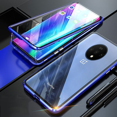 Coque Rebord Bumper Luxe Aluminum Metal Miroir 360 Degres Housse Etui Aimant T02 pour OnePlus 7T Bleu