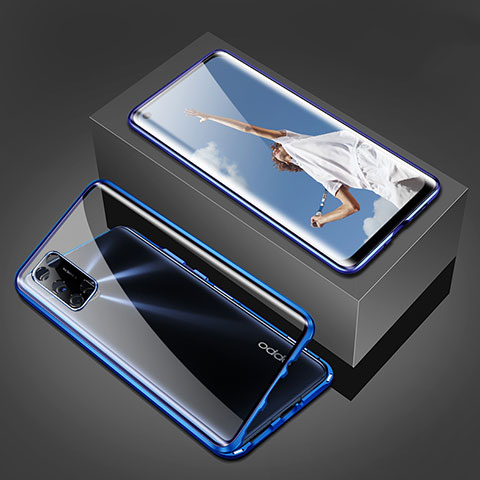 Coque Rebord Bumper Luxe Aluminum Metal Miroir 360 Degres Housse Etui Aimant T02 pour Oppo A52 Bleu