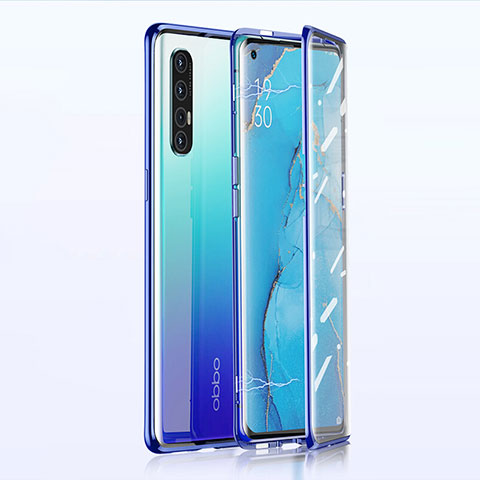 Coque Rebord Bumper Luxe Aluminum Metal Miroir 360 Degres Housse Etui Aimant T02 pour Oppo Find X2 Neo Bleu