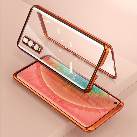 Coque Rebord Bumper Luxe Aluminum Metal Miroir 360 Degres Housse Etui Aimant T02 pour Oppo Find X2 Pro Orange