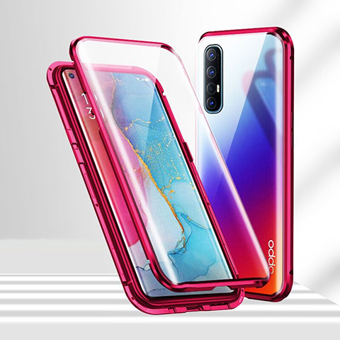 Coque Rebord Bumper Luxe Aluminum Metal Miroir 360 Degres Housse Etui Aimant T02 pour Oppo Reno3 Pro Rouge