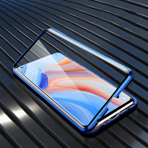 Coque Rebord Bumper Luxe Aluminum Metal Miroir 360 Degres Housse Etui Aimant T02 pour Oppo Reno4 5G Bleu